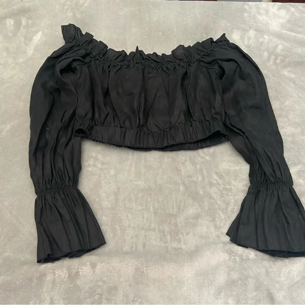 STAUD Tristan Black Linen Off-the-Shoulder Crop Top with Long Sleeves NWOT - Picture 3 of 11